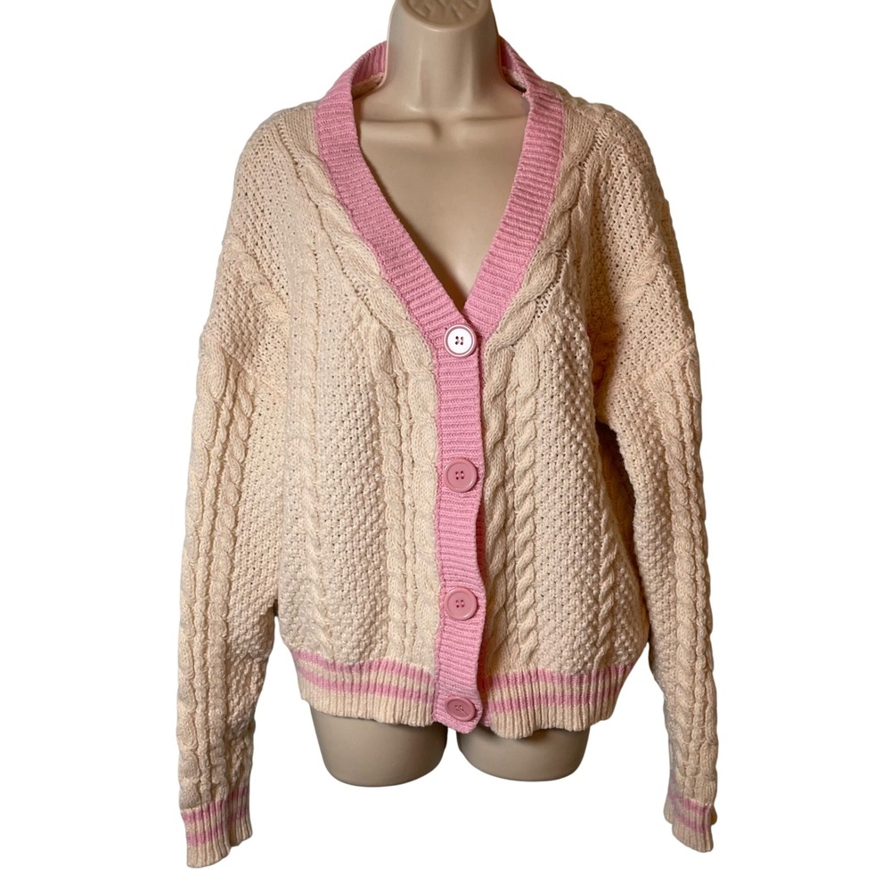 Taylor Swift Inspired Lover Cardigan Women's Size L‎ Cableknit White/Pink